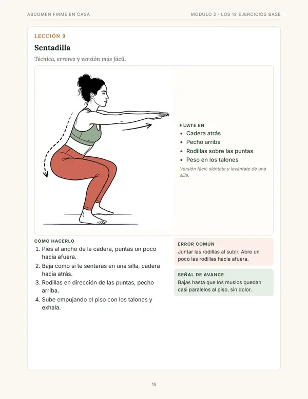 Página de la lección Sentadilla con dibujo, pasos, error común y versión fácil