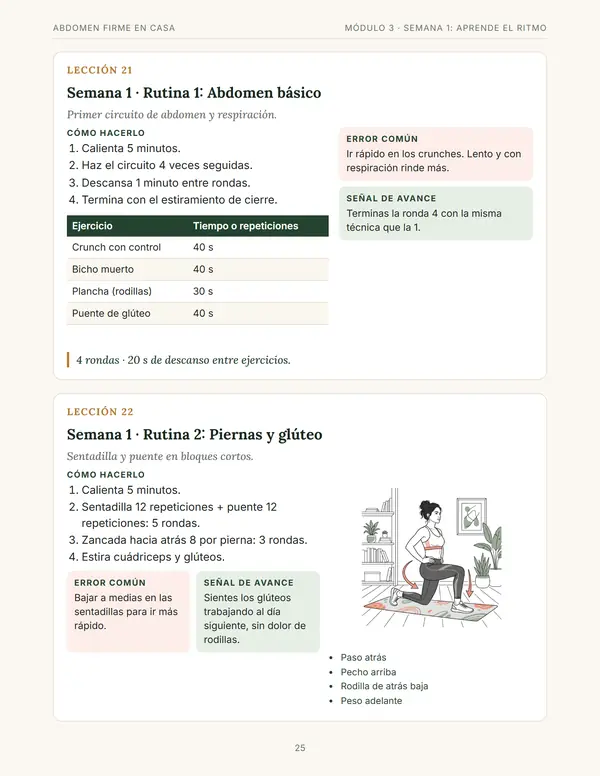 Página de la rutina 1 de la semana 1: abdomen básico