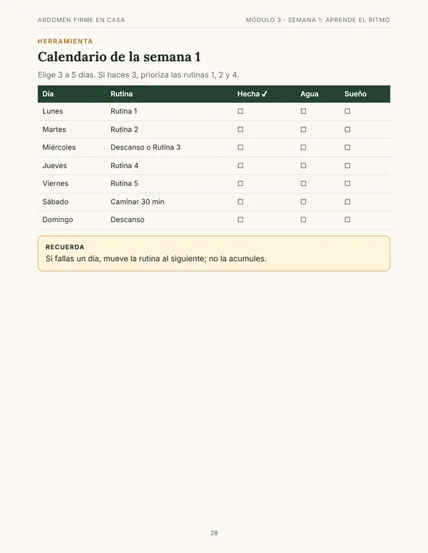 Calendario de la semana 1 con casillas de rutina, agua y sueño