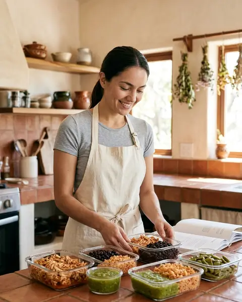 Mujer guardando en recipientes pollo deshebrado, frijoles, arroz y salsa para la semana