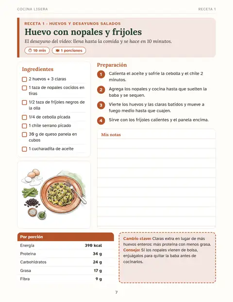 Receta de huevo con nopales y frijoles con su tabla por porción