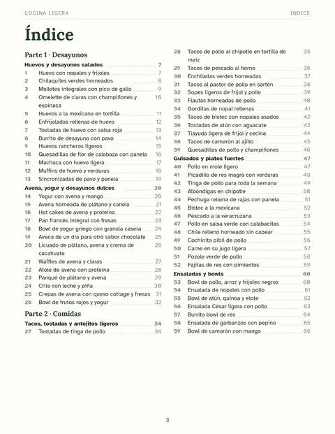 Índice del libro con desayunos, comidas, cenas, antojos y bases