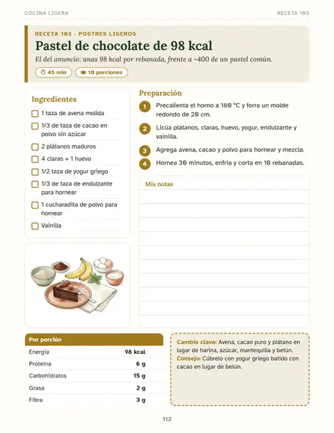 Receta de pastel de chocolate de 98 kcal por rebanada