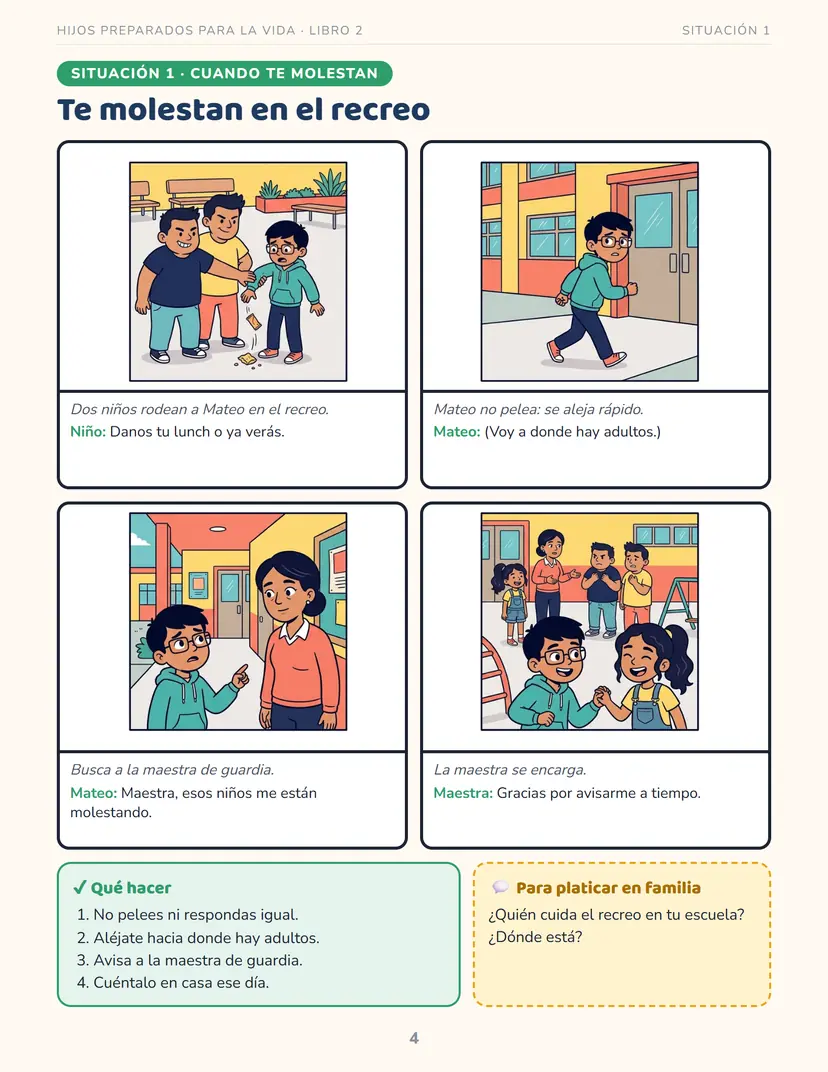Página real del libro: Te molestan en el recreo, cuatro viñetas con Qué hacer y Para platicar en familia