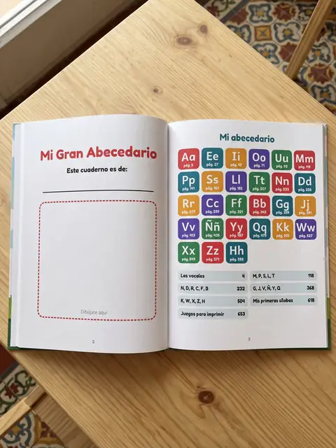 Cuaderno abierto en la bienvenida y el índice de letras