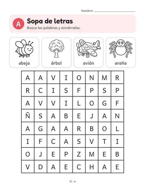 Hoja de la letra A: Sopa de letras