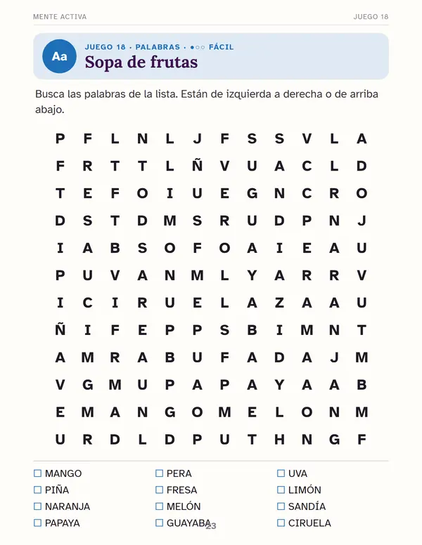 Página de sopa de letras de frutas en letra grande