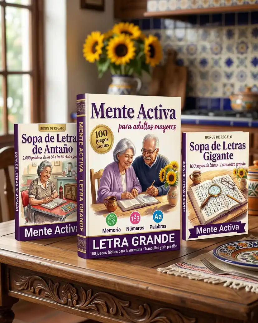 Los tres libros: Mente Activa, Sopa de Letras de Antaño y Sopa de Letras Gigante